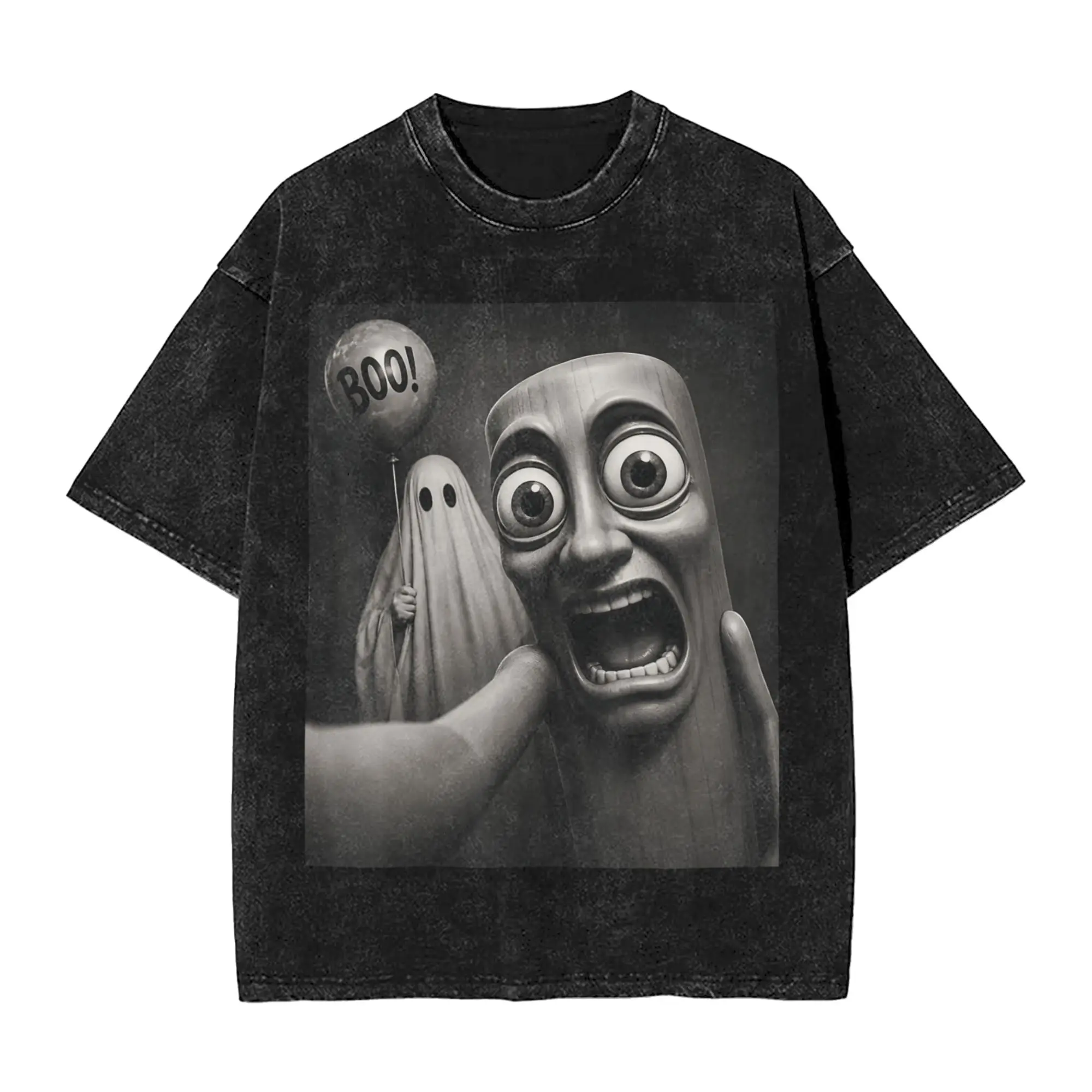 Tung Sahur Halloween Boo Ghost Men T Shirt Washed  Novelty Tee Shirt Short Sleeve O Neck T-Shirts Pure Cotton Printed Clothing