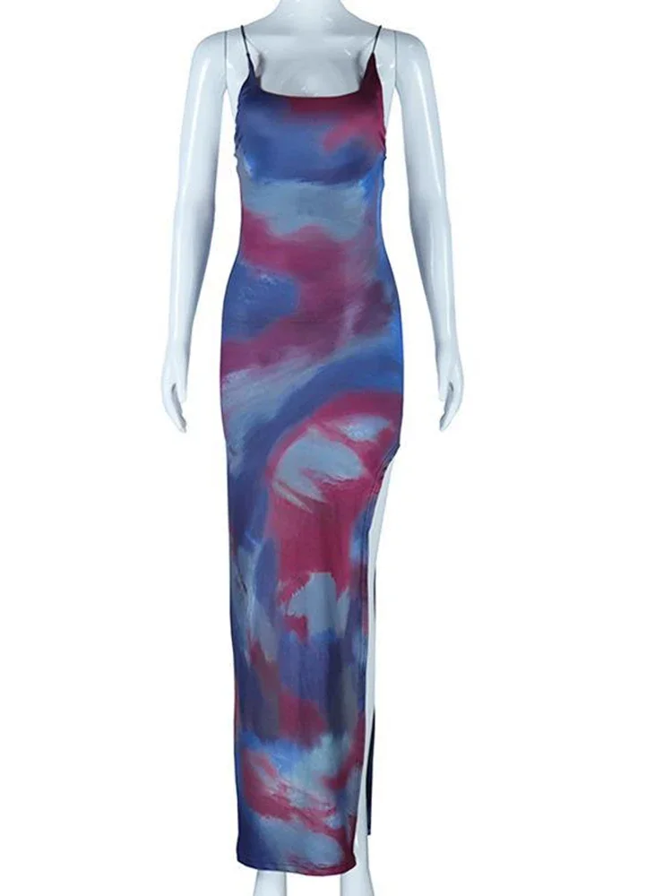Vestido Sexy con estampado Tie Dye para mujer, vestido americano Hotsweet ceñido con espalda descubierta, Túnica con abertura a la moda para verano, Vestidos para mujer