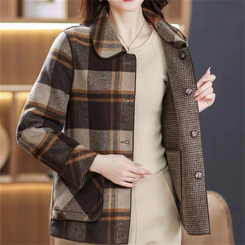 Mom's Spring Autumn Fashion Double Sided Wear Cashmere Woolen Coat Middle Aged Women's Short Wool Jacket Elegant Temperament Top