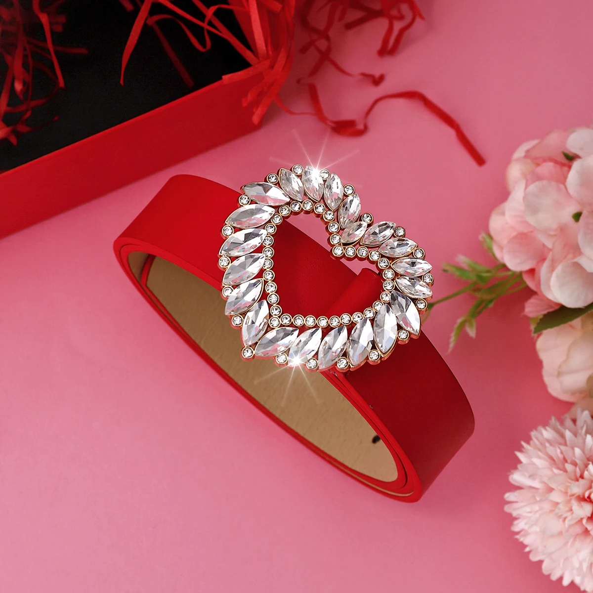 Diamond heart-shaped pu leather love belt