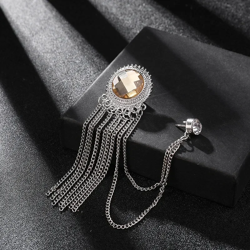 Metall-Strass-Kristall-Brosche-Set – Herren-Anstecknadel mit Hemdkragen und schwarzer Quaste, luxuriöse Corsage-Broschen, Schmuckzubehör – Detail 14