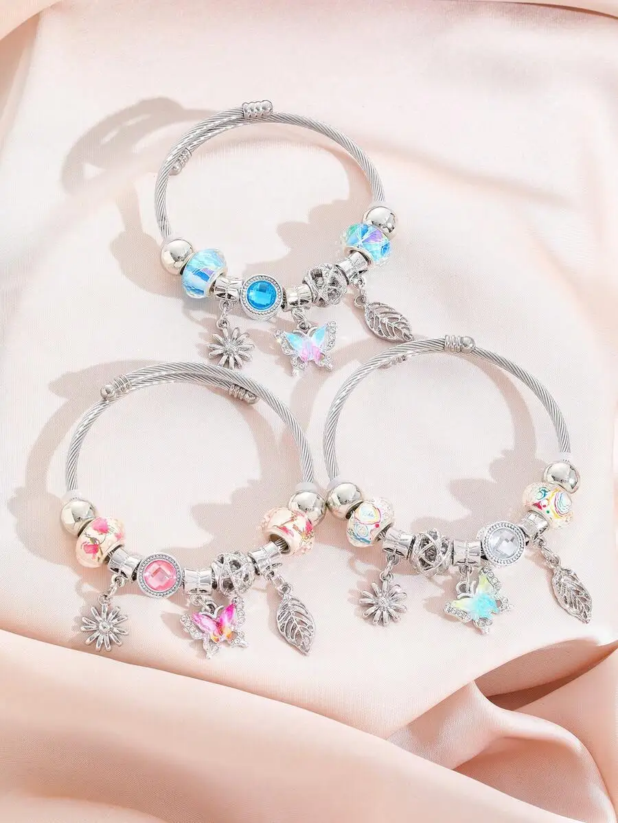 

Браслет из нержавеющей стали с подвесками в виде бабочки, листа и ромашки, регулируемый проволочный браслет для женщин