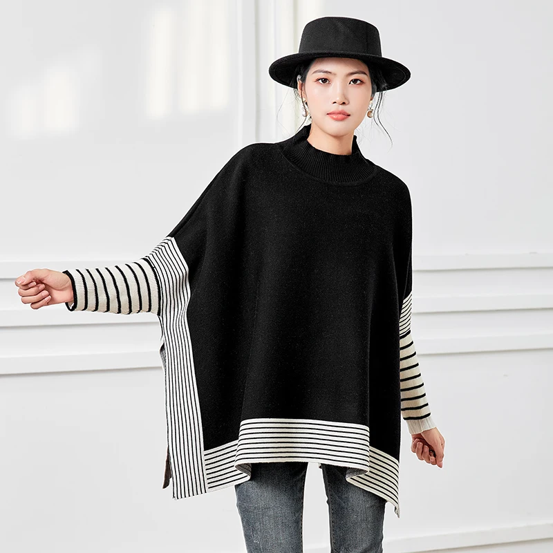 

New Fall Winter Cape Ponchos Women's Sweaters Striped Batwing Sleeve Knitted Sweater Pullovers Top Korean Fashion Cloak Jumpers