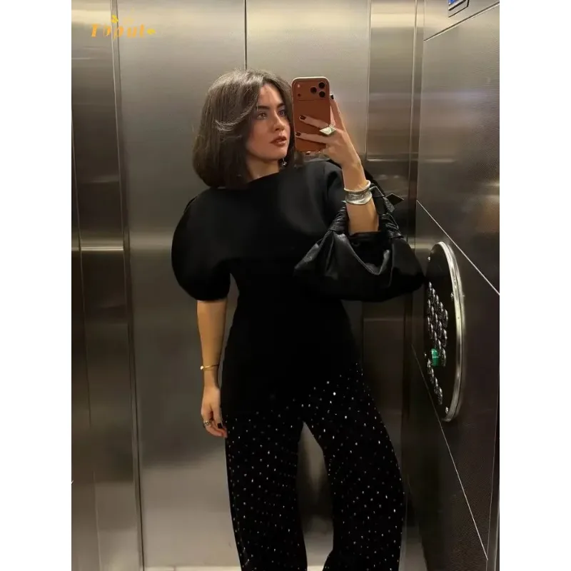 

Women Black Puff Sleeve Top Casual Slanted Collar Waist Cinching Short Sleeves T-shirt 2026 New Fashion Lady High Street Blouse