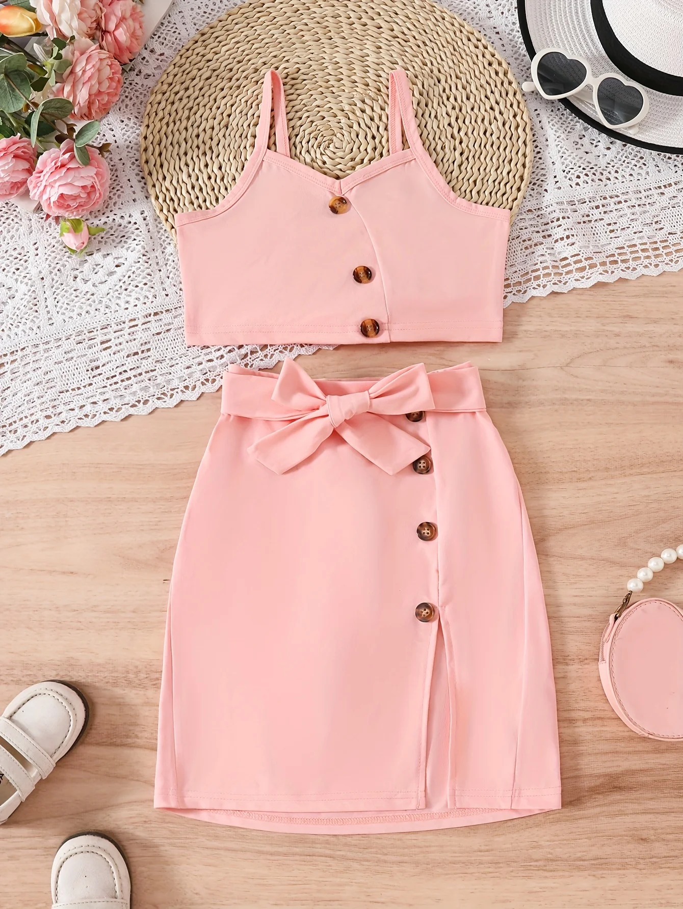 Girls' set solid color camisole top paired with slit skirt fashionable and trendy daily casual
