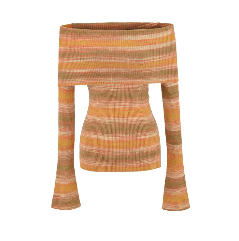

Women knit striped off the shoulder long sleeve top sweater