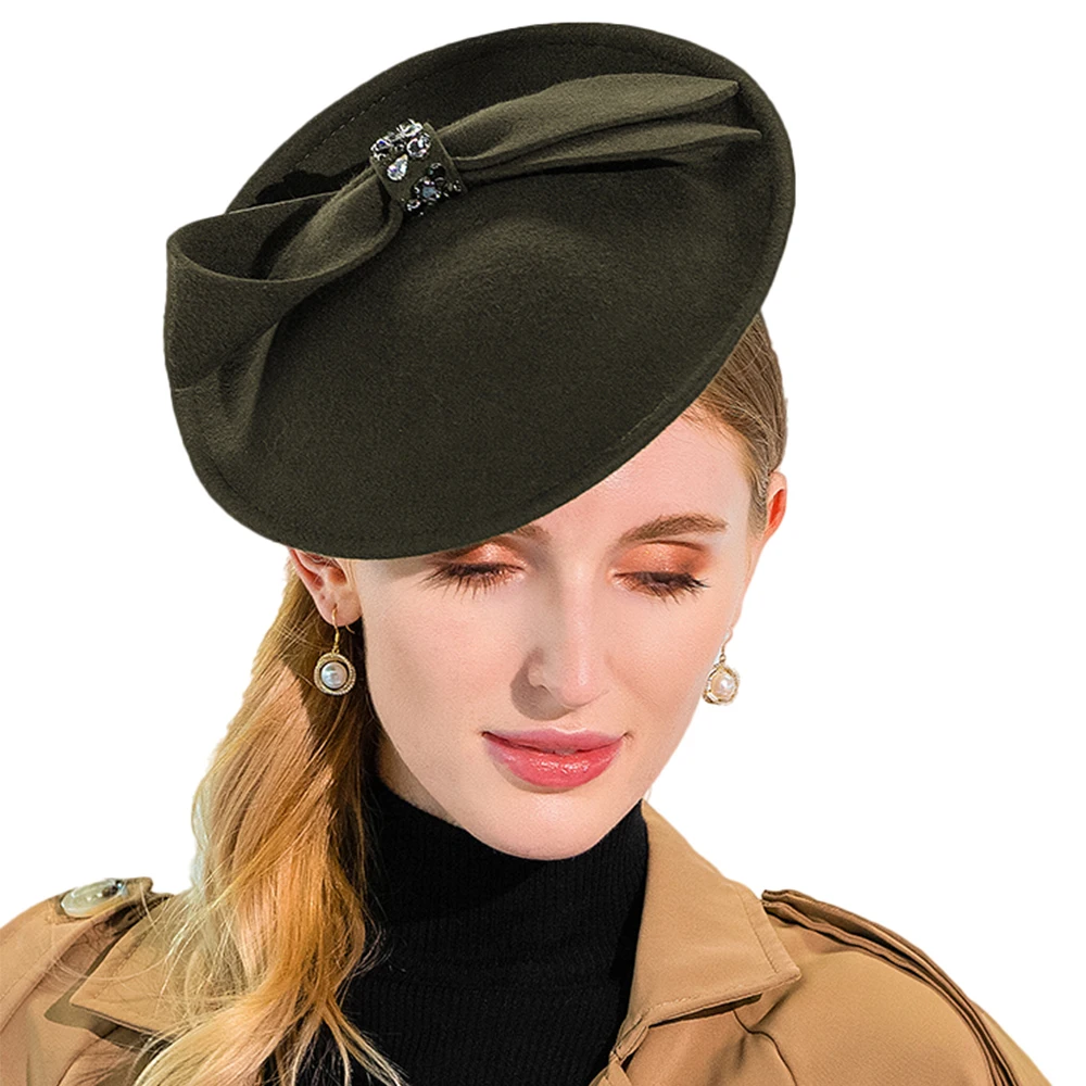 

FS British Hats Women Fascinator For Church 100% Wool Felt Pillbox Hat Army Green Fedora Vintage Bow Wedding Ladies Derby Hat