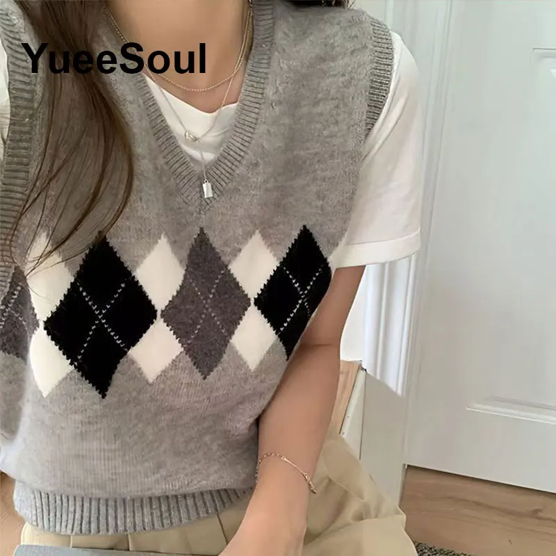 Women's Vests Grey Argyle Printed Pullover Sleeveless Knit Sweater Vest  2025 New Y2K High Street Casual Knitwear Waistcoat
