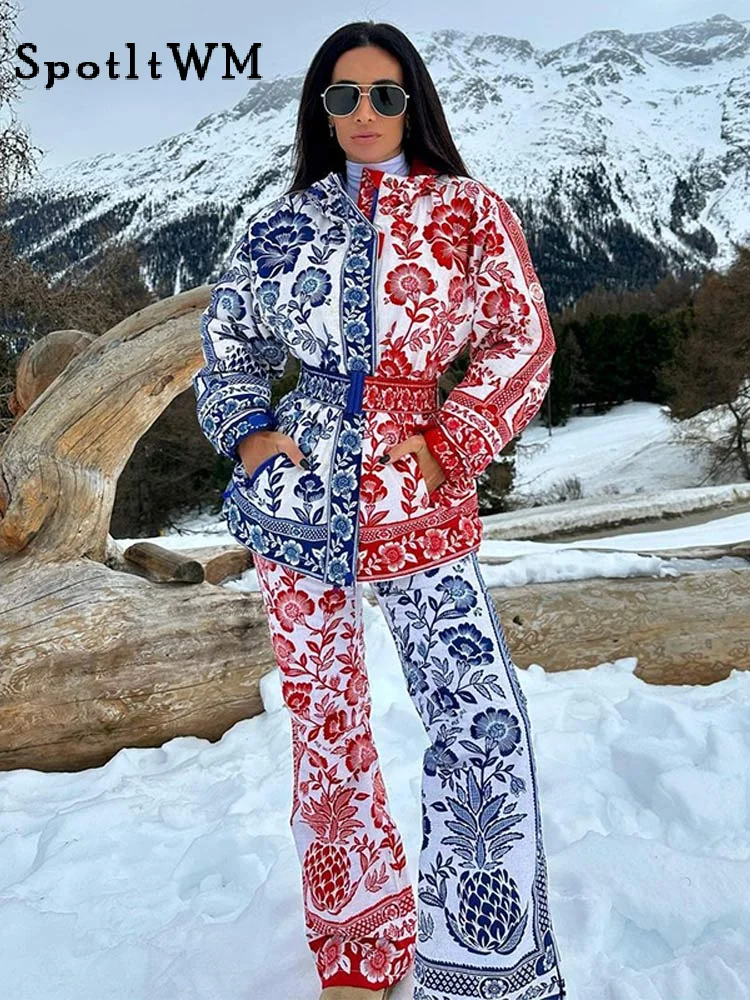 

Retro Contrast Printed Woman Cotton Coat Pants Suit Fashion Warm Long Sleeves Belt Jacket Sets 2024 Winter Female Skiing Outfits