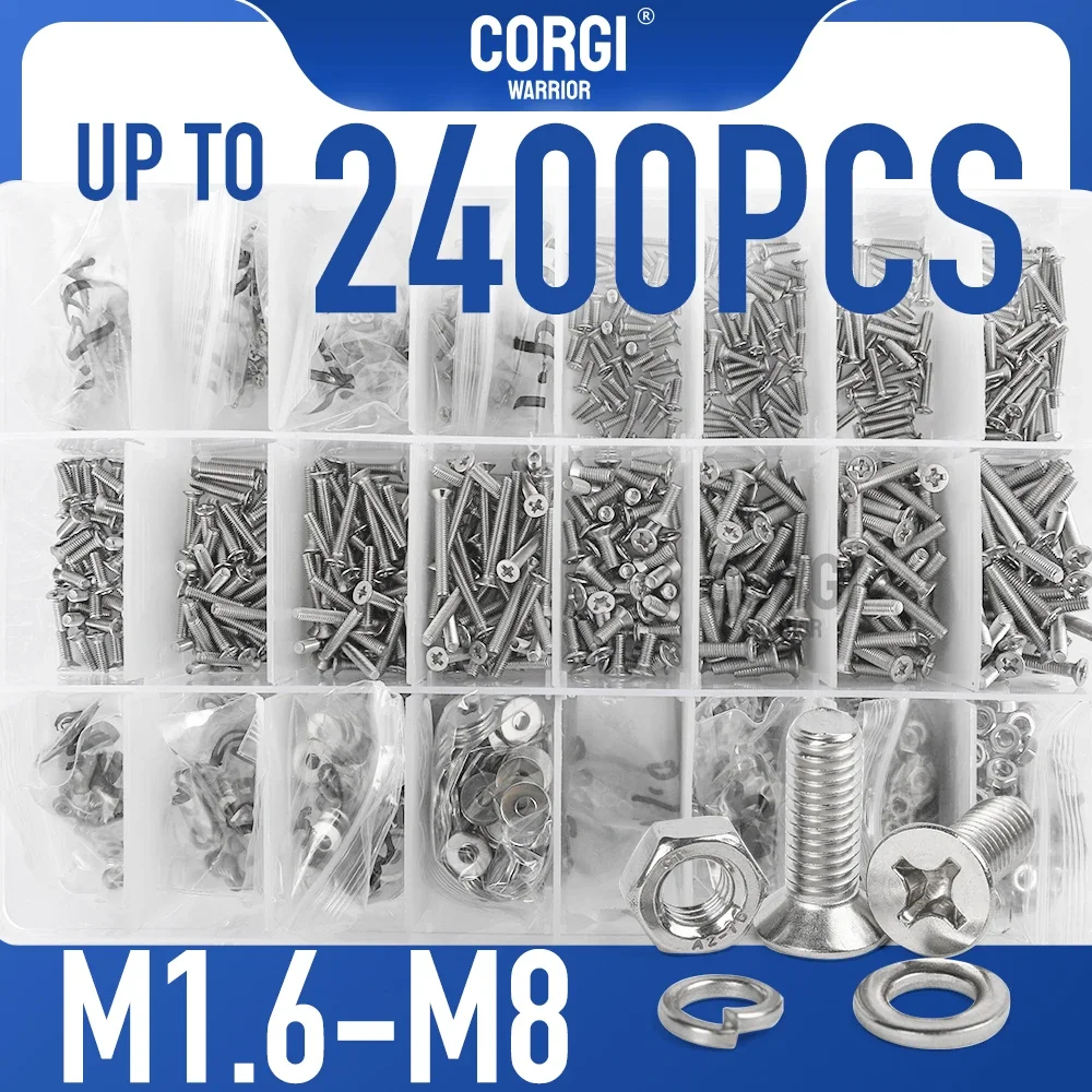 Up to 2400 M1.6 M2 M2.5 M3 M4 M5 M6 M8 Phillips Flat Countersunk Head Machine Screws Assortment Kit 304 Stainless Steel Screw