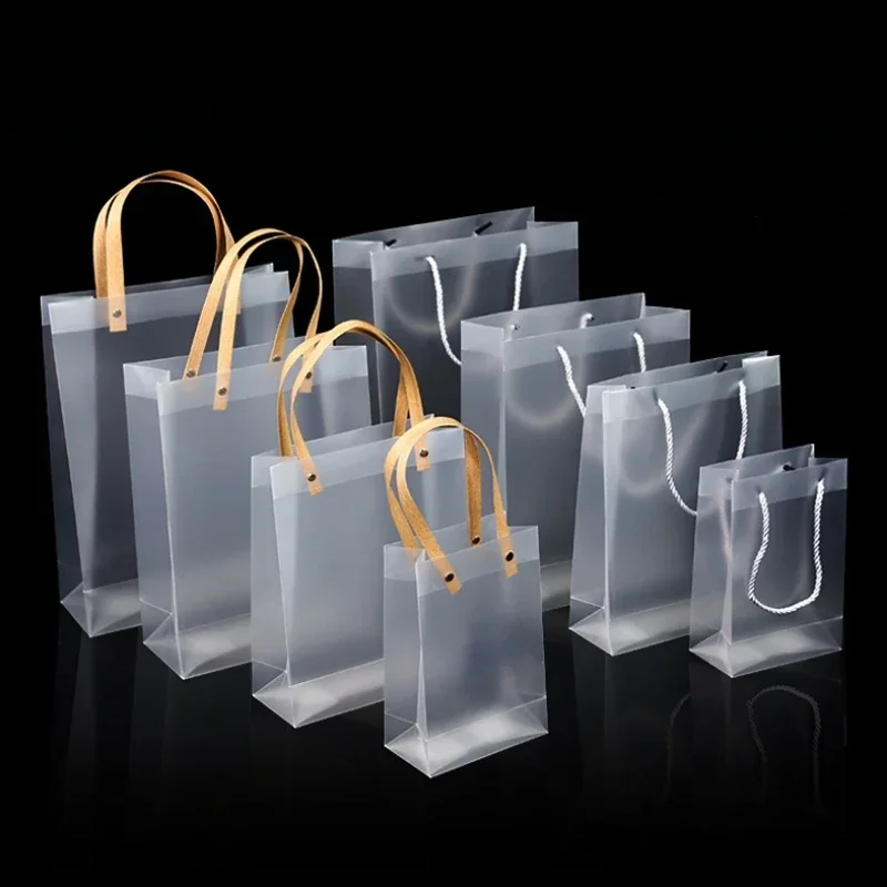 10/20pcs PVC Transparent Gift Bag with Handles Clear Tote PP Frosted Plastic Shopping Tote Bag Clothing Drinks Packaging