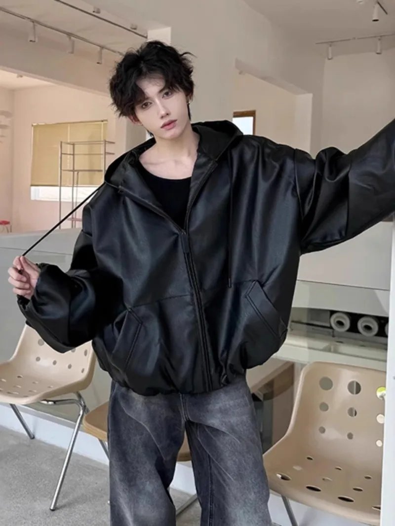 

Juspinice American Retro High-end Hooded PU Leather Coat for Men's Spring and Autumn Casual Loose Motorcycle Jacket