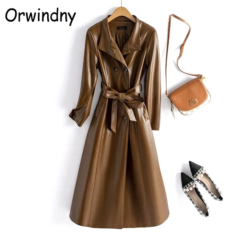 New Spring Leather Trench Women Long Jackets Belt Fashion Long Coat High Quality M-7XL Faux Leather Clothing Outwear Suede