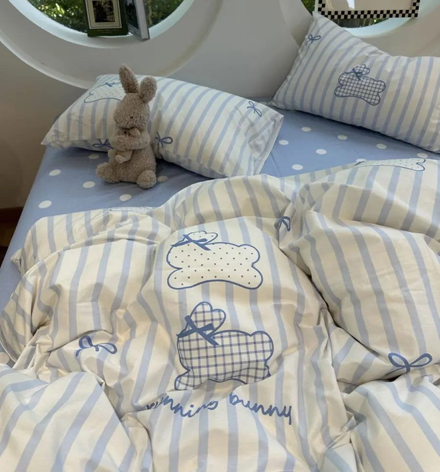 

Cute rabbit blue stripe polka dot bedding set single double,twin full queen cotton home textile bed sheet pillowcase quilt cover