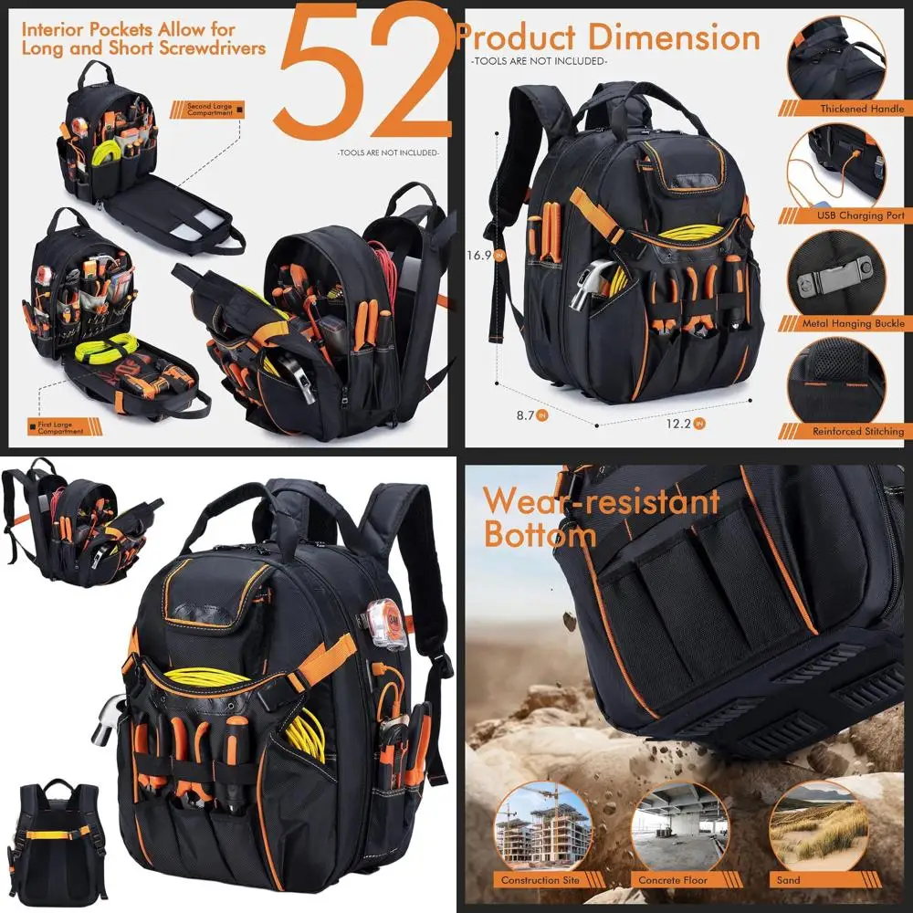 

Heavy-Duty 52-Pocket Waterproof Tool Backpack for Men, Laptop Compartment, Ideal for Electricians and Construction Workers, Blac
