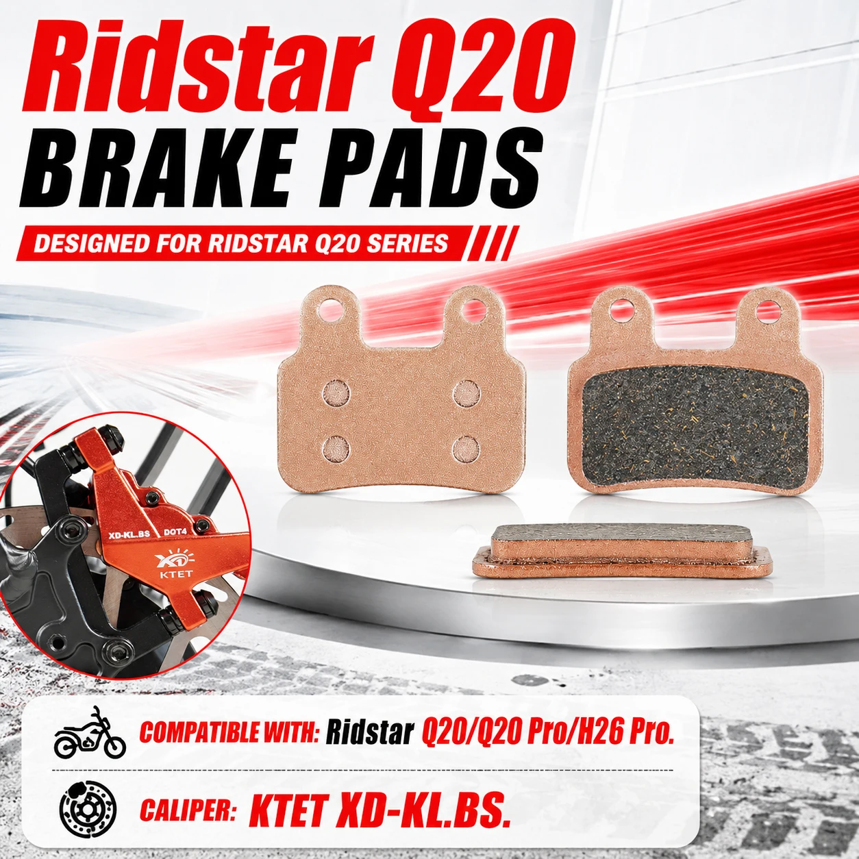 

Ridstar Q20 Brake Pads Semi-Metallic 2 Pairs for YVY K20 K20 Pro C20 Max Bopzin Q8 KTET XD-KL.BS Hydraulic Ebike