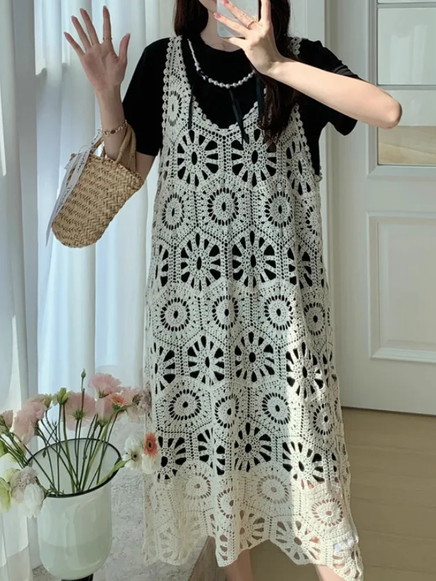 

2025 Holiday Style Crochet Lace Hollow Suspender Dress Sleeveless Layered Bohemian Beach Mid-Length Cover-up Dress
