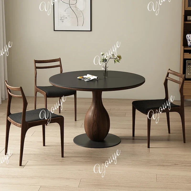 A63 Tuyuan Deli Feng rock slab round dining table solid wood retro small apartment pure black black walnut dining room round tab