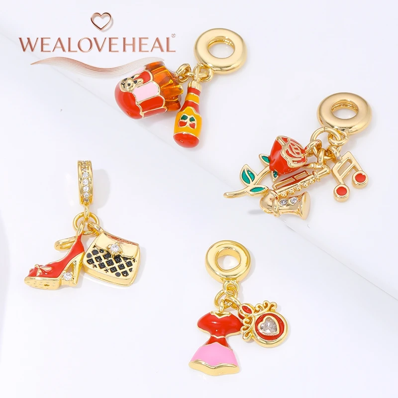 dijes para pulseras,Abalorios de esmalte de moda con diseños de pastel y botella de perfume, rosa roja y saxofón, zapato de tacón alto y bolso, vestido rojo y corazón para suministros de fabricación de joyas DIY