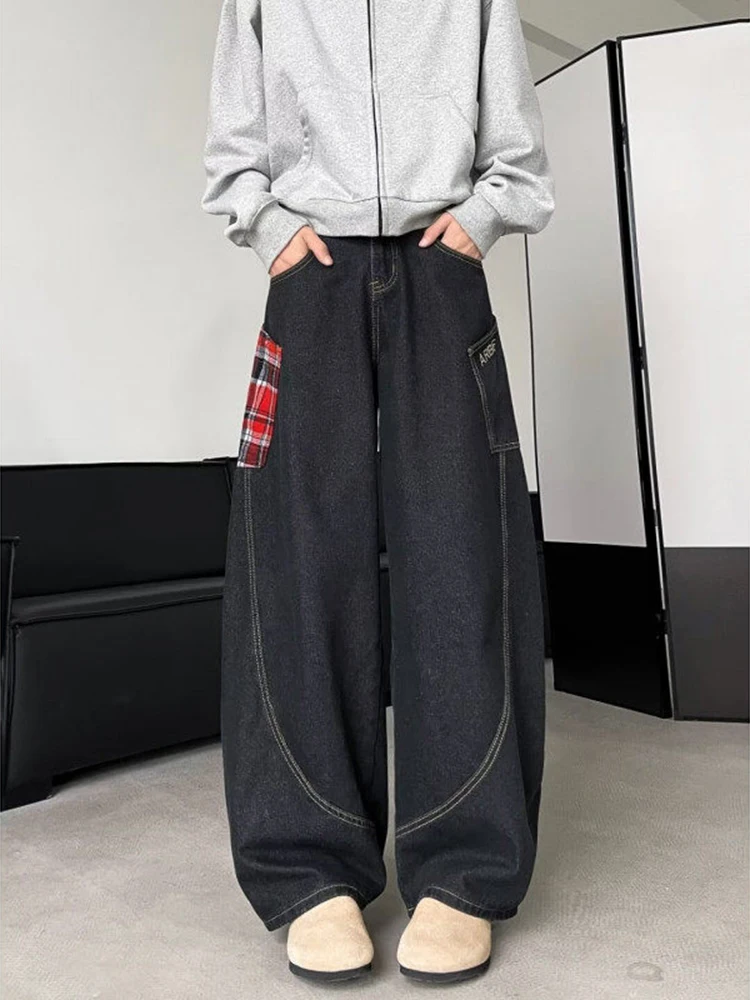 

Trendy Plaid Loose Wide Leg Jeans Men's Autumn 2024 New American High Street Sle Jeans Casual Straight Tube Long Pants