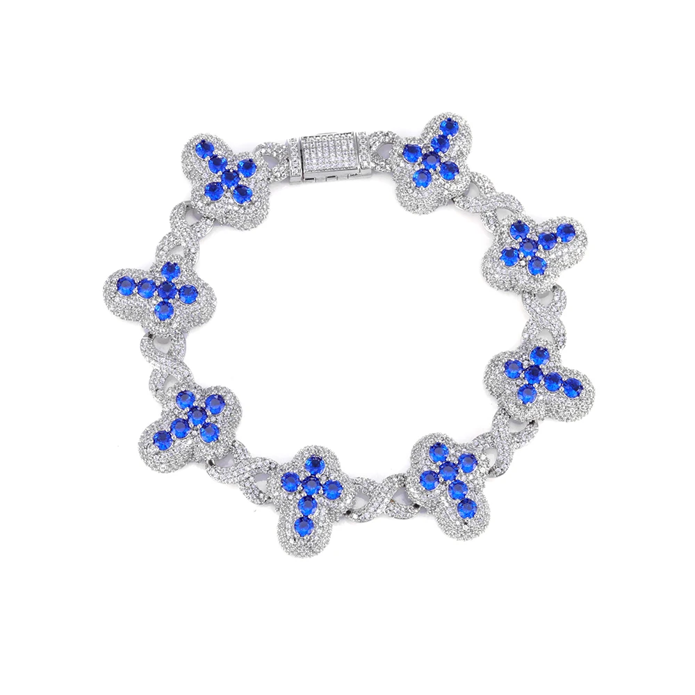 NY estilo Hip Hop personalizado azul y blanco circón cadena cubana 20mm de ancho Cruz cubo helado Zirconia joyería de moda pulsera de regalo