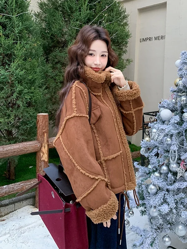

Caramel Color Lamb Fur Jaet Women's ort Sle Thiened Warm Top Casual Loose Fit Zipper Design Long Sve Stand Collar