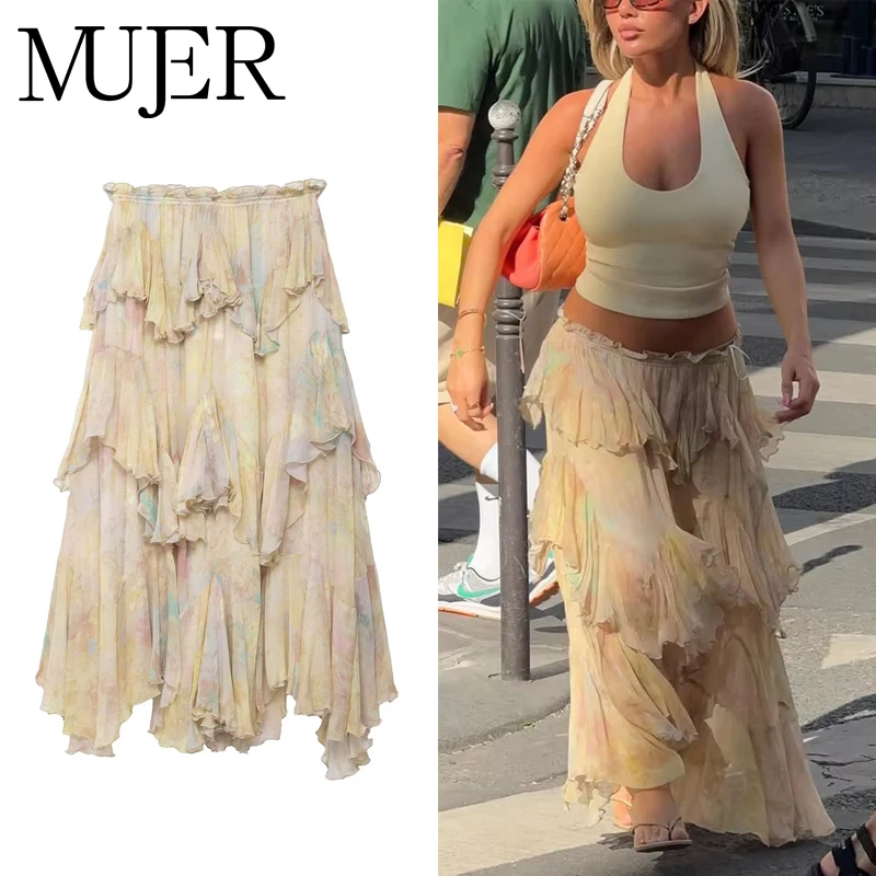 

MUJER Print Ruffle Long Skirts for Women Summer Layered Midi Skirt Woman Draped High Waist Women's Skirt Vintage Party Skirts
