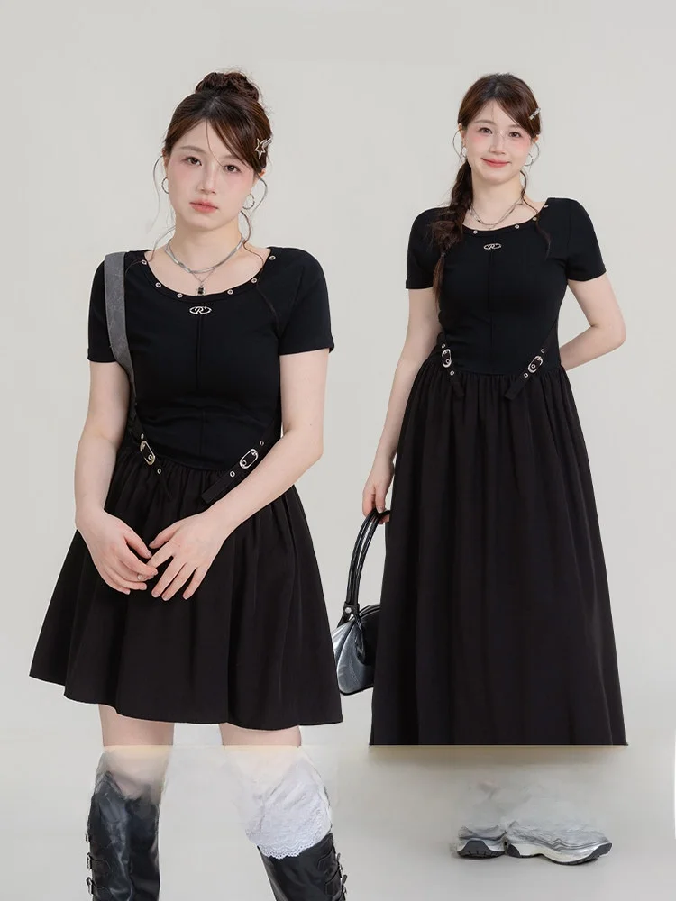 

Heynew Sweet Cool plus Size Women's Dress Short Sleeve A-Line Cotton Blend Comfortable City Commute Summer Slimming Black Dress