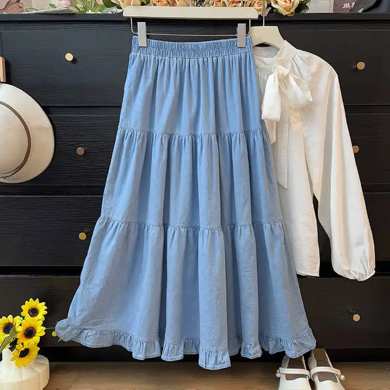 Gonne di jeans a trapezio con volant stile francese Donna Primavera Estate Gonna a pieghe elastica a vita alta Gonne di jeans di media lunghezza femminili