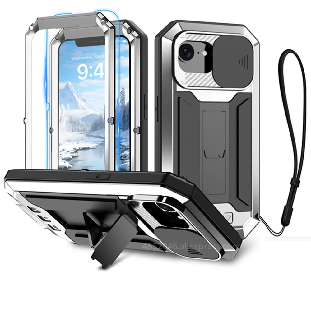 

Heavy Duty Shockproof Case for iPhone 16e 2025 16 Pro Max 15 14 13 with Kickstand Screen Tempered Glass Metal Protection Case
