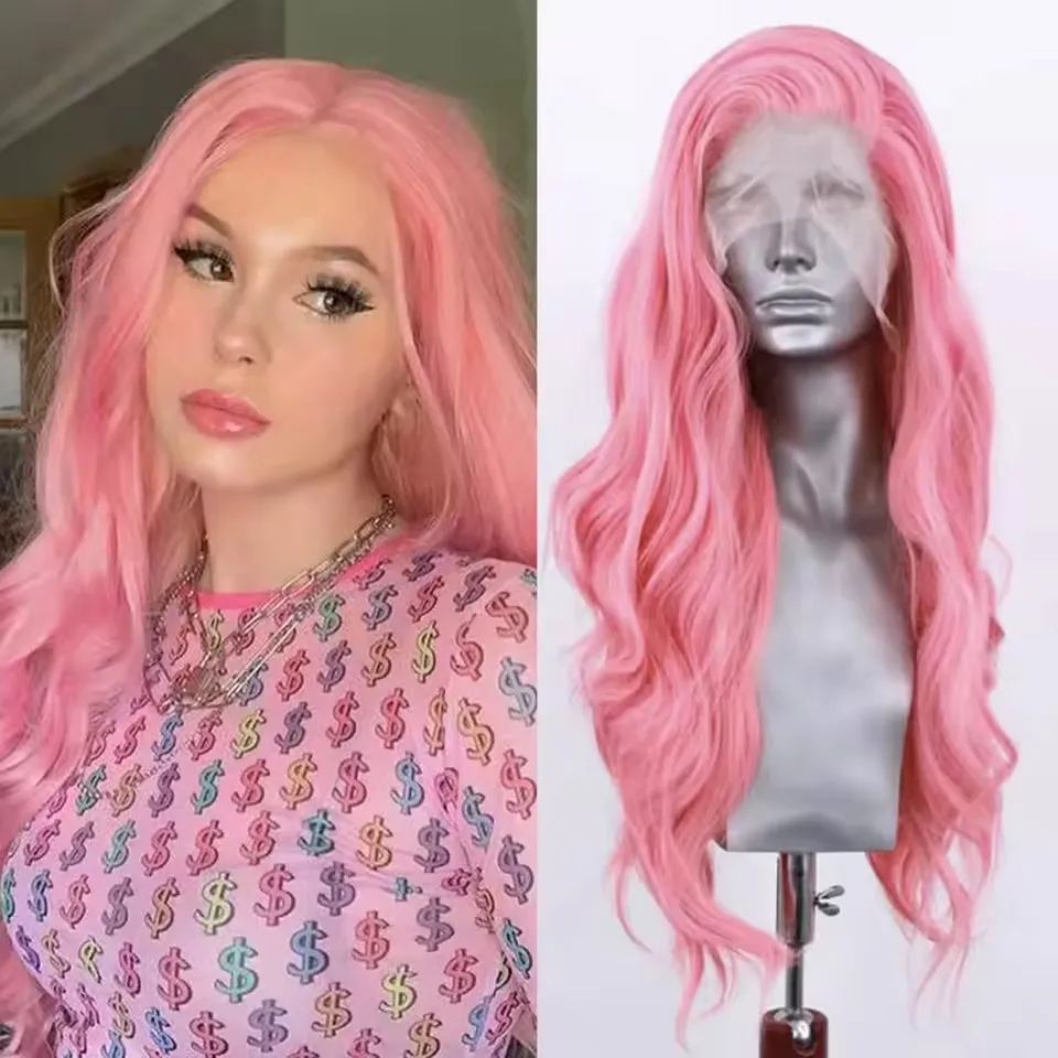QW Pink Synthetic Frontal Lace Wig Body Wave Lace Wig for Women  Heat Resistant Hair Long Wave Wig Pastel Pink Daily Cosplay