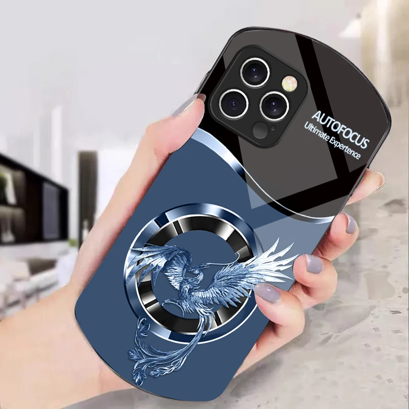 Circle Phoenix Gold Iphone 11 12 13 14 15 16 Pro Max Plus Mini 7 8 Se 2020 X Xs Xr Elliptical Tempered Glass Phone Case