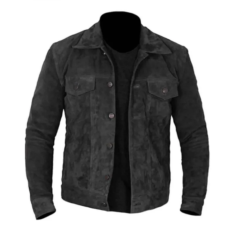 

Men's Black Jean Button-Up Genuine Suede Leather Jacket Real Soft Coat Shirt