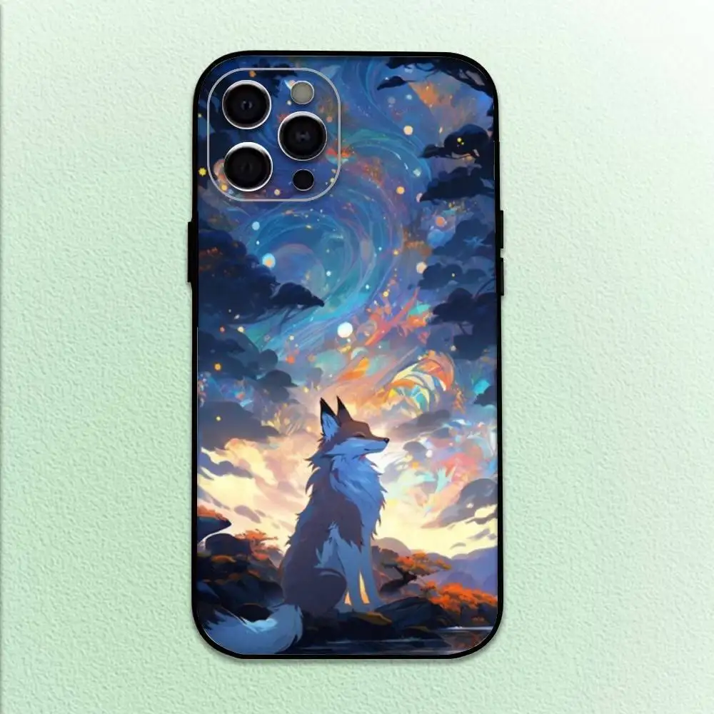 حافظة هاتف كارتون فوكس لطيفة لهاتف آيفون 17،16،15،14،13،12،11 بلس، برو ماكس غطاء أسود ناعم