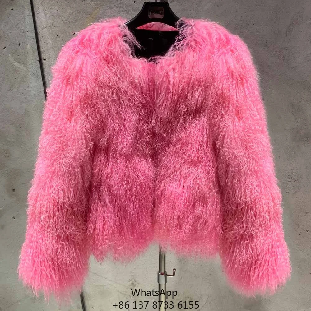 

2025New Arrival Trendy Fur Coats Winter Bomber Crop Fur Coat Women Pink Mongolian Fur Coat