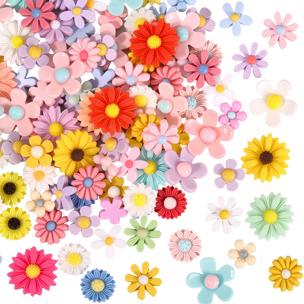 120Pcs 8 Styles Resin Cabochons Flower Mixed Color 14.5~23x4.5~8mm 15pcs/style