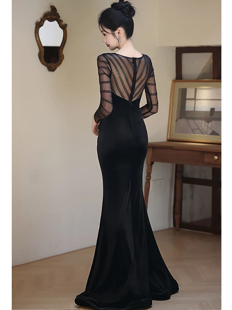 2025 vestido Sexy transparente de malla de retales de terciopelo negro para mujer vestido de noche de lujo Hepburn Vintage Otoño Invierno vestido ajustado coreano