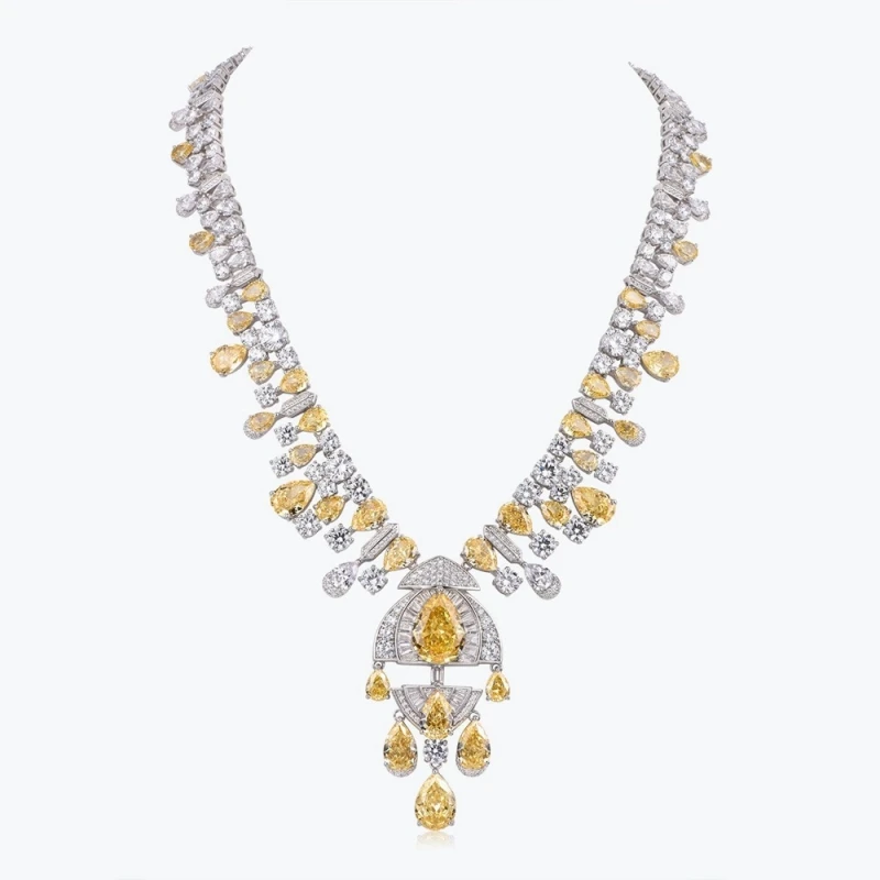 Bellux Luxury Banquet Jewelry Synthetic Fancy Vivid Yellow Diamond Women's Necklace 925 Silver Inlaid Zircon Jewelry Necklace