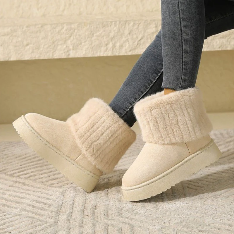 Shoes for Women Winter Slip on Women's Boots Black Round Toe Solid Flock Plush Warm Mid Heel Water Proof Casual Snow Boots Women - view 4