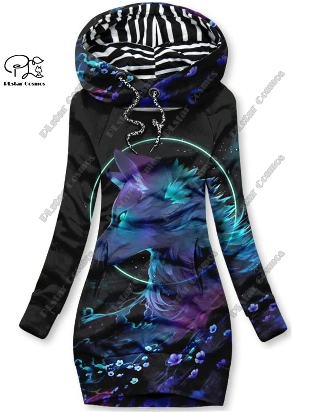 PLstar Cosmos 3D printed women's long sweatshirt dress animal series wolf lion horse pattern casual slimming series