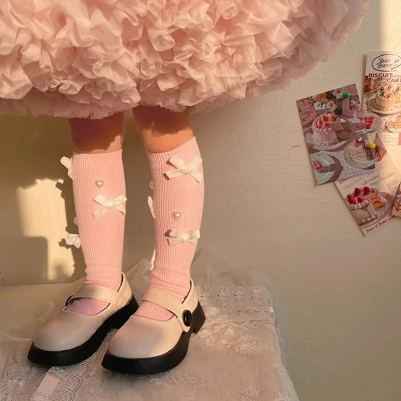 Korean Chic Calf Sock for Kids Girl Sweet Fashion Bow Heart Style Sock Spring Soft Cotton School Girl Pile Socks