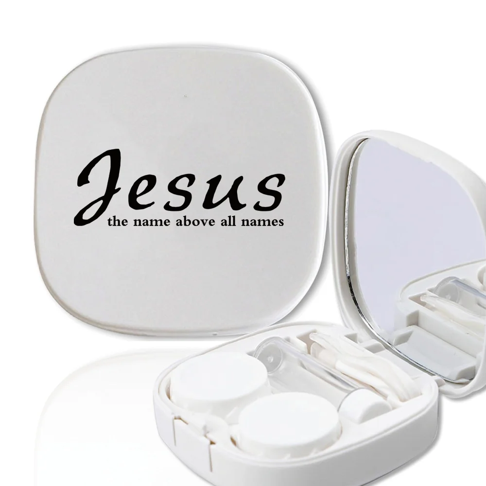 Caja de lentes de contacto para ojos con espejo, estuche de viaje, contenedor de remojo, maquillaje, belleza, pupilas, almacenamiento, patrón de letras de Jesús