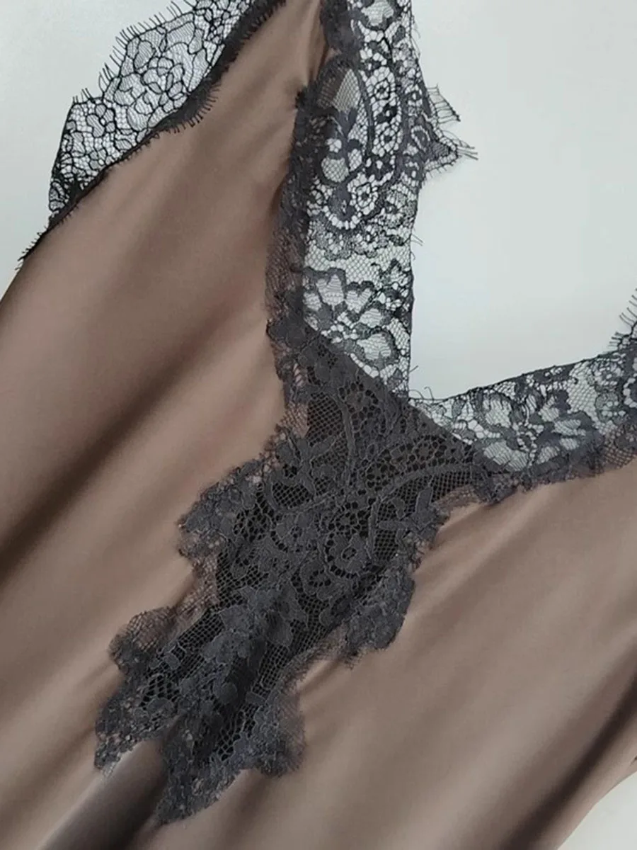 GALCAUR Abiti sexy in pizzo trasparente con giunture di colore di successo per le donne Abito elegante diviso senza maniche con scollo a V Stile di abbigliamento di moda femminile