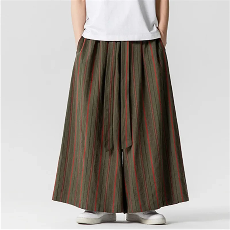 Summer Striped Wide Leg Pants Men Lightweight Drawstring Loose Casual Pants Man Hip Hop Streetwear Straight Full Length Trousers