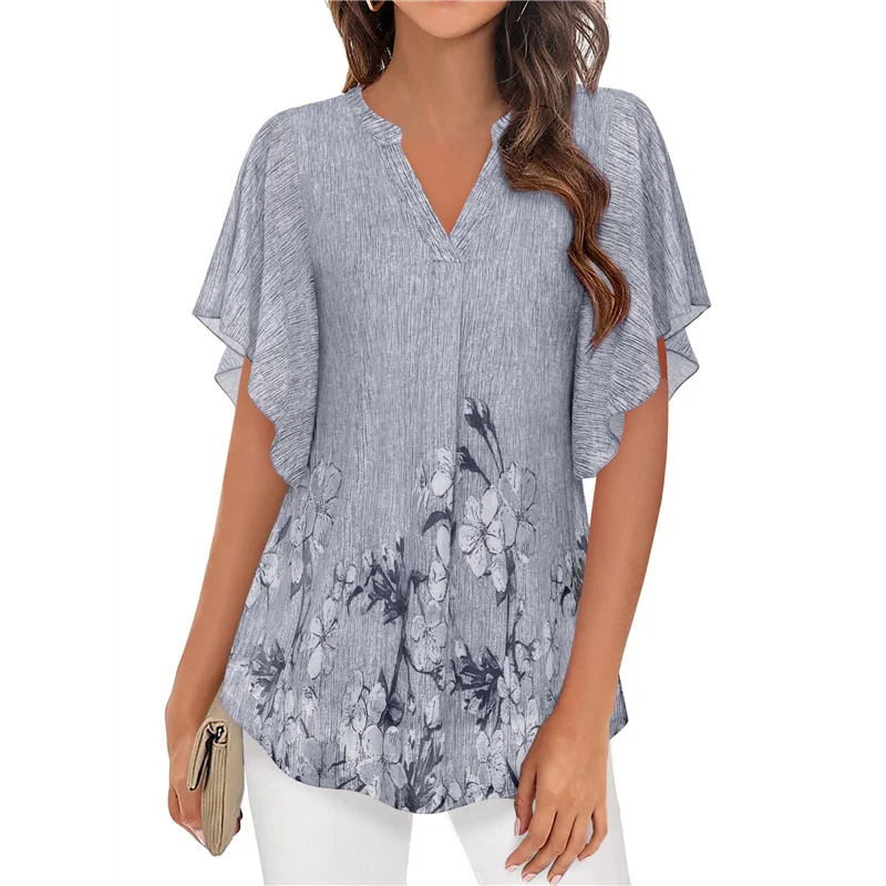 

ASDS-Women's Short Sleeve V Neck Blouses Shirts Floral Double Layers Mesh Tunics Tops