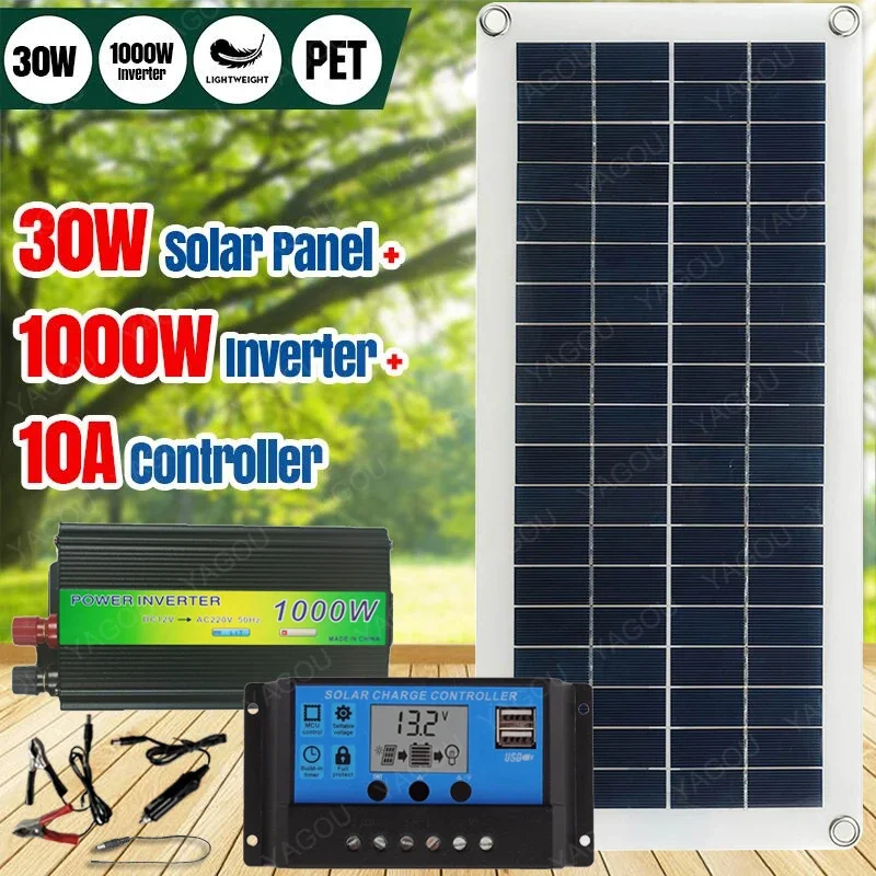 kit de painel de sistema solar inversor de 1000 w 30 w completo com controlador conjunto de carga de bateria de 12 v para acampamento de carro em casa 01