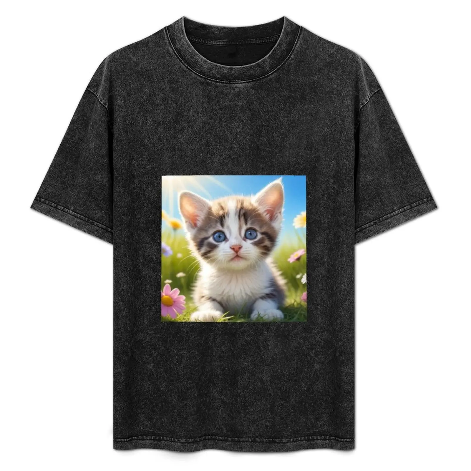 

Kitten's Paradise Among the Flowers T-Shirt Simple Solid Color Crew Neck Tee