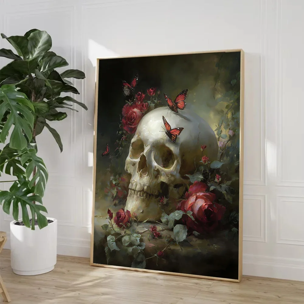 Frameless Canvas Painting Sorrowful Knight Rose Flower Skull Butterfly Raven Owl Poster Canvas Painting Print Wall Art Picture F