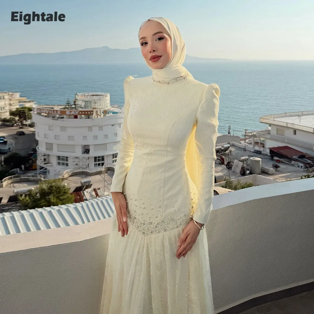 Eightale Arabic Wedding Dress Customized Ivory Bridal Gown High Neck Long Sleeves Beaded Lace Bride Party Dress Vestido De Novia