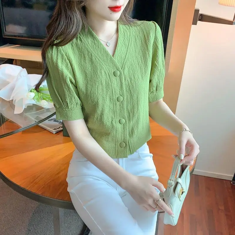 Women Clothing Korean Fashion Vintage Elegant Button Shirts 2024 Summer V Neck Slim Blouses Solid Short Sleeve Tops Blusas Mujer